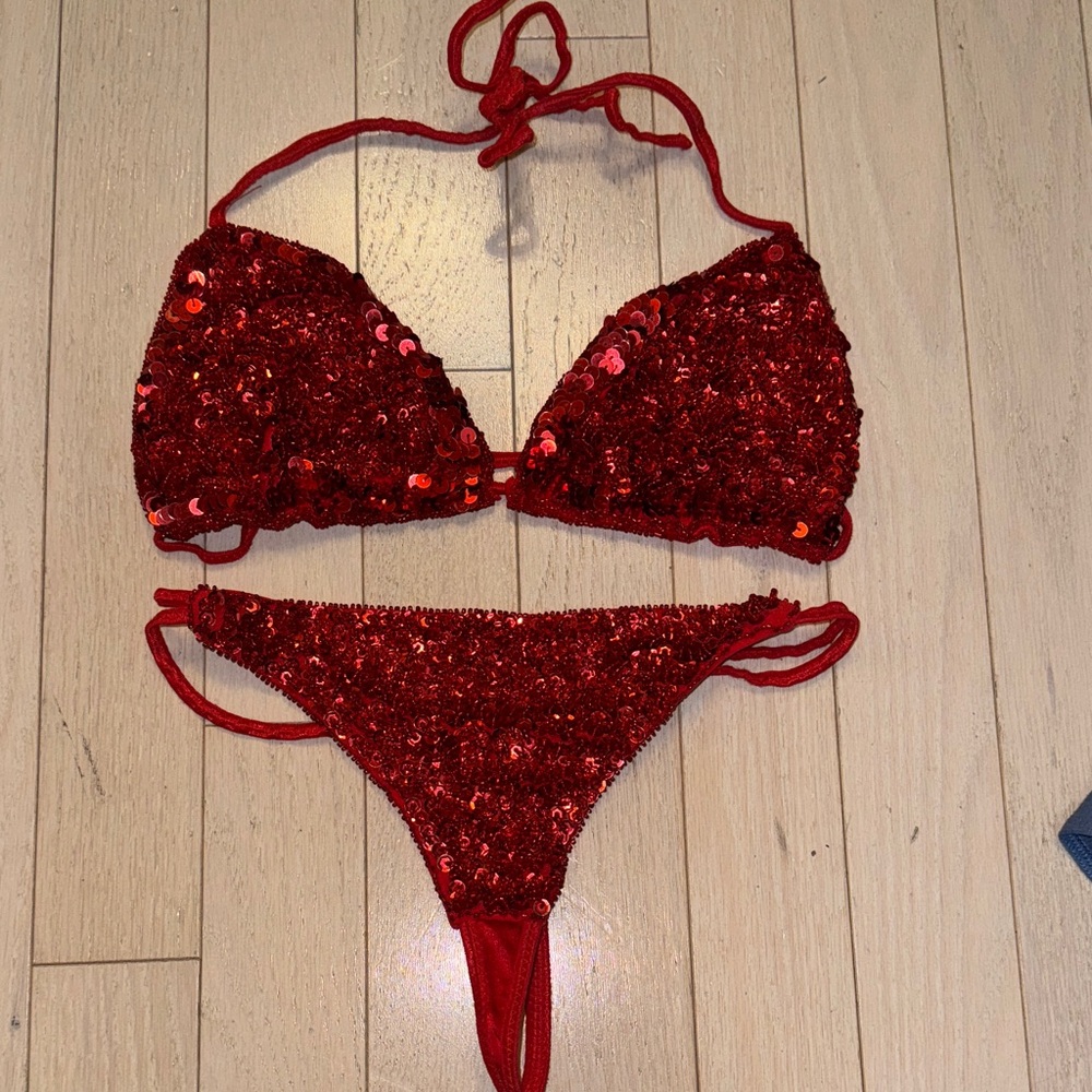 La Vie En Rose Red Sequin Bra and Thong Set